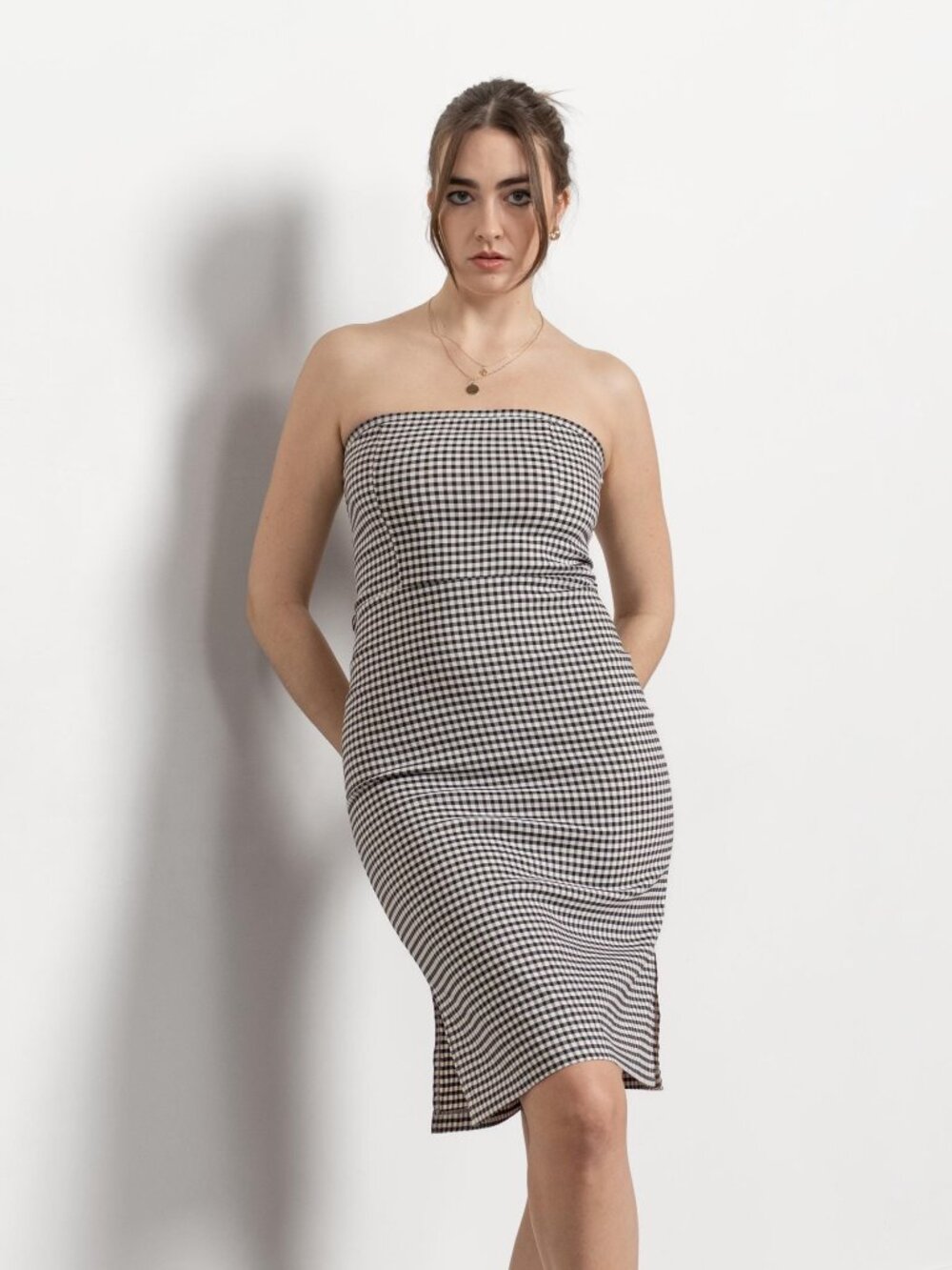GINGHAM STRAPLESS DRESS Vintage 90's Black White Summer / Medium Le Chateau